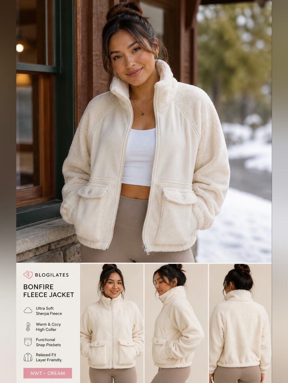 NWT Blogilates Women’s Bonfire Fleece Jacket Cream Sherpa Full Zip Athleisure
